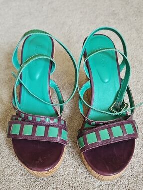 Boden Teal and Plum Strappy Wedge Sandals